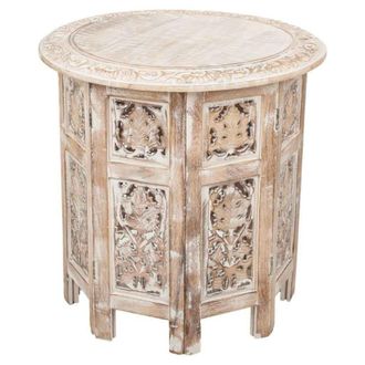 Wanderlust Deco Mesa de centro octogonal de madera tallada acabado artesanal blanco