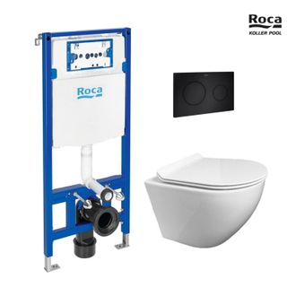 Roca Bastidor Roca Duplo Pack Cisterna Empotrada Y Pulsador Pl10 Dual Negro Con Wc Suspendido Kp Round Smart Blanco Tapa Fina