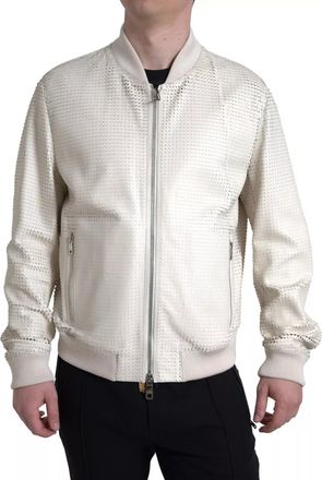 Dolce & Gabbana Off White LeatherPerforated Full Zip Mens Jacket (Pre-Owned)