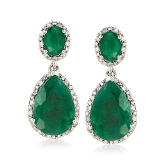 Ross-Simons Emerald and. Diamond Drop Earrings in Sterling Silver