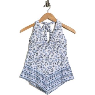 Madden Girl Halter Neck Scarf Top in Blue Floral White Combo at Nordstrom Rack, Size X-Large