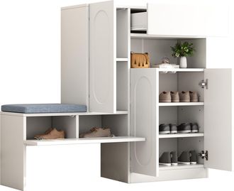 STILVORA Mueble Zapatero Con 2 Puertas Y Banco Acolchado, Estantes Ajustables, Cierre Suave, En Tablero Aglomerado, Blanco, 130&times;35&times;110 Cm
