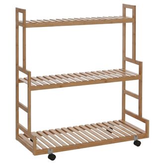 Hhg [nunca Usado] Estanter&iacute;a Para Plantas De Bamb&uacute; Hhg-372, Escalera Para Flores, Soporte Para Flores, Escalera Para Plantas, 3 Estantes, Ruedas, 105 X 90