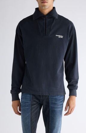 Acne Studios Fout Embroidered Logo Organic Cotton Quarter Zip Pullover in Black at Nordstrom, Size X-Large