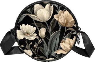 Generic Circle Crossbody Bag for Women, Ink Plant Small Small Sling Bag Daypack with Zipper Adjustable Shoulder Straps Casual Ladies Girls Round Purse