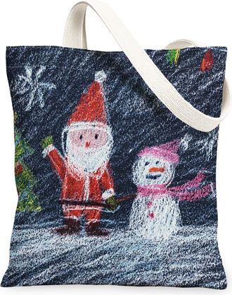 Generic Winter Holiday Canvas Tote Bags, Festive Snow Man and Santa Design Reusable Grocery Bags, Lightweight Washable Shoulder Str, Blue, 13x15 Inch