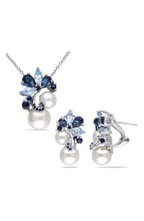Delmar Cultured Freshwater Pearl & Sapphire Pendant Necklace & Stud Earrings Set in Blue at Nordstrom Rack