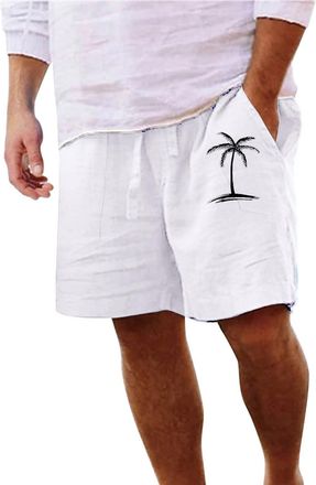 Generic Mens Linen Shorts Hawaiian Tropical Graphic Track Shorts with Pocket Elastic Waist Drawstring Lightweight Summer Beach Boardshorts White