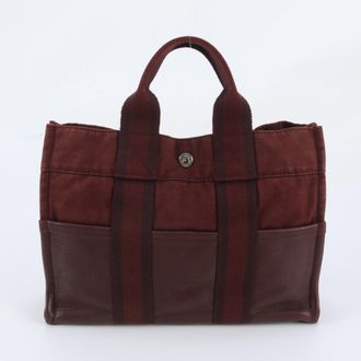 Herm&egrave;s Red Color Wine Leather Canvas Handbag Shoulder Bag Tote Bag (Pre-Owned)