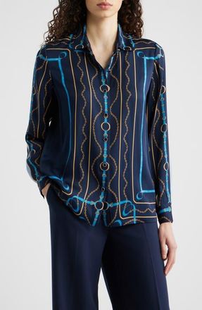 Elie Tahari The Julianna Silk Blend Shirt in Denim Chain Print at Nordstrom, Size X-Small