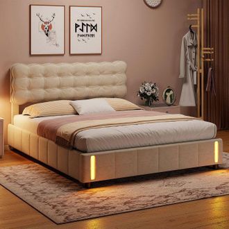 OEM Estructura De Cama 140x200 Cm Terciopelo Beige - Cofre Hidr&aacute;ulico, Led Integrada, Somier De Lamas Incluido