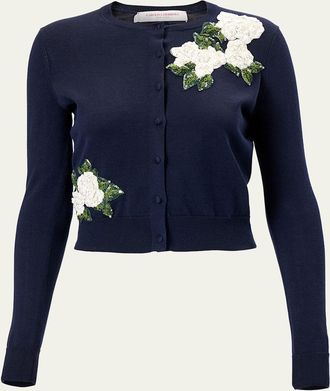 Carolina Herrera Sequined Floral Embroidered Crewneck Cardigan