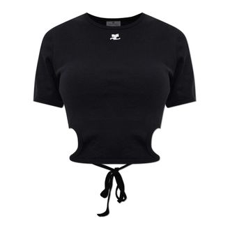Courr&egrave;ges T-Shirts, female, Black, Size: XS Asymmetrical Top with Decorative Tie