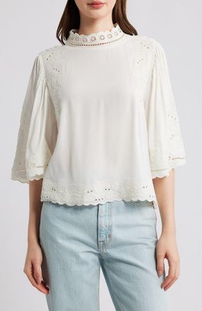 Farm Rio Palm Tree Embroidered Eyelet Mock Neck Top in Off-White at Nordstrom, Size Medium