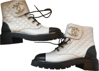 Chanel Quilted White Lace Up Boot Size 40