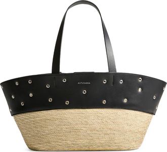 Altuzarra Knot Studded Leather & Straw Basket Tote in 381001 Black/Silver at Nordstrom