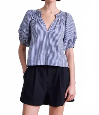 Apiece Apart Caminitas Puff Sleeve Top In Skinny Stripes Indigo/cream
