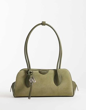 Calvin Klein borsa a spalla in suede verde oliva