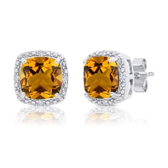 MAX + STONE 925 Sterling Silver 7mm Gemstone and Diamond Accent Halo Cushion Stud Earrings