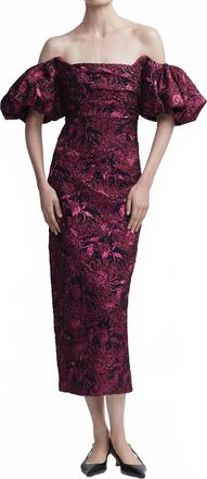 Lela Rose Floral Jacquard Puff-Sleeve Dress In Navy/pink