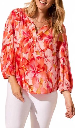 Tribal 3/4 Sleeve Blouse With Smocked Yoke In Coral Sky