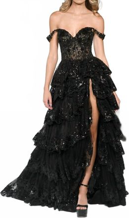Sherri Hill Layered Skirt Off The Shoulder Dress In Black