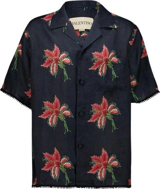 Valentino Garavani Linnen Bowling Shirt Met Papier Bloemendruk - Heren - Korte mouwen Overhemden - Veelkleurig - L - Linnen - Overhemden