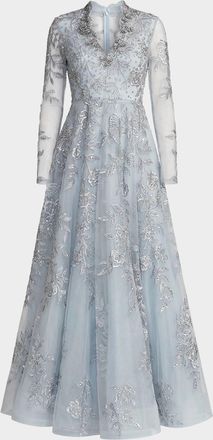 Mac Duggal Floral Embroidered A-Line Gown