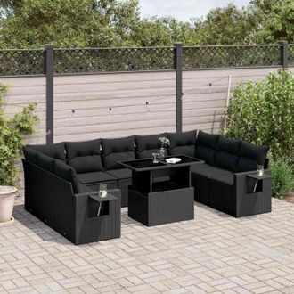 vidaXL Set De Sof&aacute;s De Jard&iacute;n 10 Pzas Cojines Rat&aacute;n Sint&eacute;tico Negro