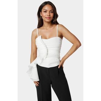 Bebe Poplin Asymmetric Ruffle Top in White Alyssum at Nordstrom, Size 12