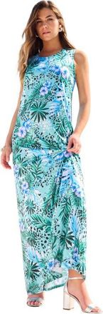 Roaman's Plus Size Sleeveless Crew Neck Maxi Dress in Turq Tropical Leopard at Nordstrom, Size 20
