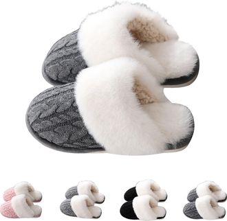 Generic UK Size 8 Slippers for Women Closed Toe Mules Knit Fluffy Slippers Winter Comfy Bedroom House Shoes Memory Foam House Fuzzy Plush Faux Fur Anti-Skid I