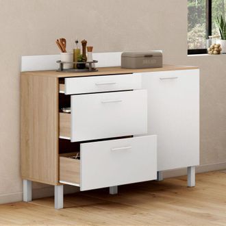 IDMarket Idmarket - Aparador Bajo Cocina 120 Cm Encimera Casserolier Cina H.83 Cm 1 Puerta + 3 Cajones Estilo Haya Y Blanco