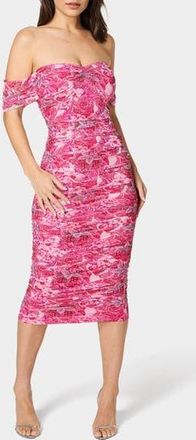 Bebe Off-the-Shoulder Ruched Midi Dress in Pink Multi at Nordstrom Rack, Size X-Small