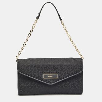 DKNY Dkny Black Monogram Canvas And Leather Envelope Flap Shoulder Bag