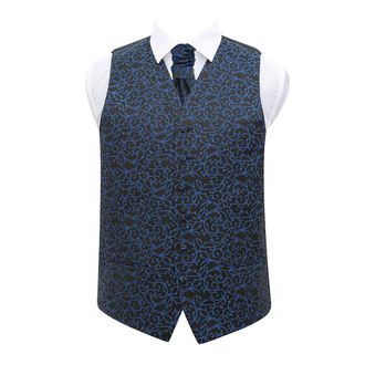 DQT Swirl Floral Wedding Waistcoat Vest & Cravat Set for Men - Black and Blue 44 XXL