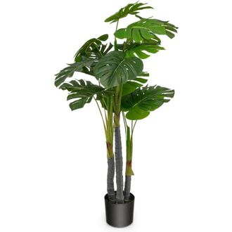 Costway Costway - Rbol Artificial De 120 Cm, Planta Falsa De Monstera Deliciosa Con 20 Hojas Grandes, Maceta De Hormig&oacute;n, Musgo Realista, Planta Falsa De &Aacute;rbo