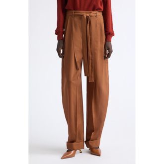 Ferragamo Belted Pleated Barrel Leg Virgin Wool Trousers in Cognac at Nordstrom, Size 36