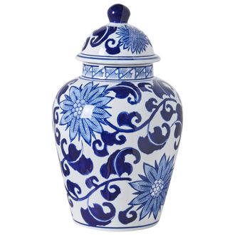 Beliani Jarr&oacute;n Con Tapa Florero Con Tapa Accesorio Decorativo Porcelana Blanco Y Azul Cuenca