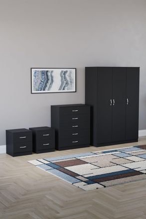 Home Discount Vida Designs 4Pc Bedroom Set 2xBedside Chest, 5 Drawer Chest, Wardrobe in Black