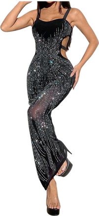 Generic Womens Hollow Out Cocktail Dress, Sexy Chic and Elegant Warm Diamonds, Solid Colour, Transparent, Slim, Temperament, Shiny Charm, Straps, Evening Dres