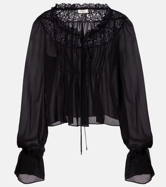 Chloé Gathered lace-trimmed silk georgette blouse