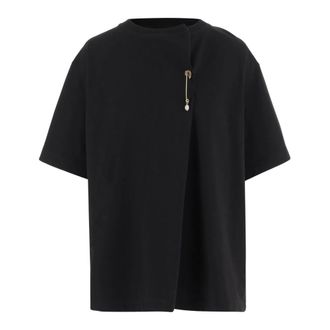 Carven T-Shirts, female, Black, Size: XS Cotton T-shirt with Decorative Brooch