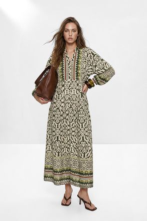 Trendyol Modest Dames Kaki Etnisch patroon Maxi Lang Casual A-lijn Modest Jurken