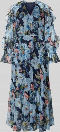 Oui Maxikleid mit R&uuml;schen und Knopfleiste in Dunkelblau Melange, Gr&ouml;&szlig;e 34