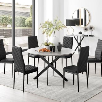 Furniturebox Novara Grey Concrete Effect Black Leg 120cm Round Dining Table & 6 Milan Black Leg Chairs