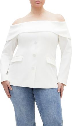 City Chic Phoenix Off the Shoulder Blazer in Ivory at Nordstrom, Size Xl