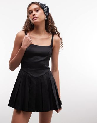 Monki Vestito corto sartoriale nero con scollo squadrato e pieghe