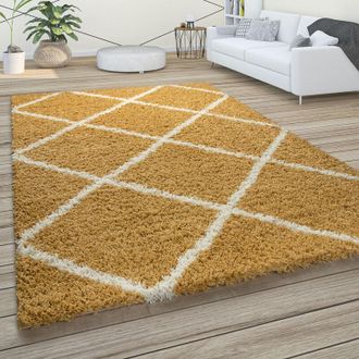 Paco Home Paco Home Alfombra De Pelo Largo, Suave Sal&oacute;n Shaggy Estilo Escandinavo Motivo De Rombos Amarillo, &Oslash; 200 Cm Cuadrado