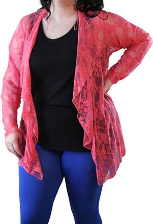Purple Hanger New Womens Plus Size Floral Pattern Lace Cardigan Long Sleeve Womens Waterfall Open Top Coral Size 20-22